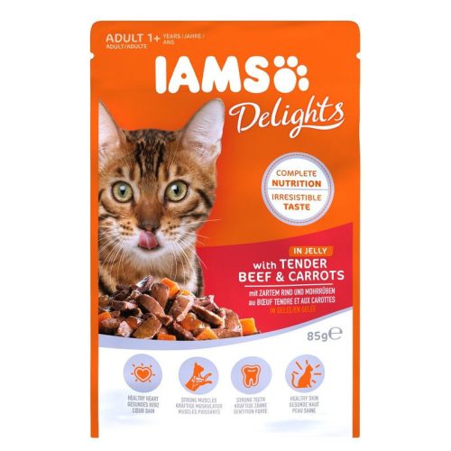 Iams Cat Delights Marhahús és répa falatok, zamatos aszpikban nedves macskatáp 85g